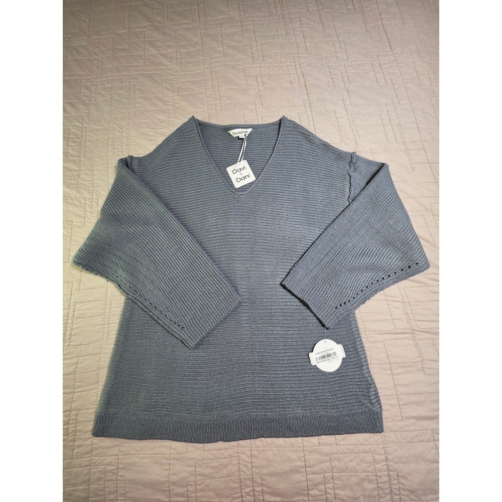 Davi & Dani In My Dreams Sweater Sea Grey V-Neck Ribbed Oversized DWT30045B S